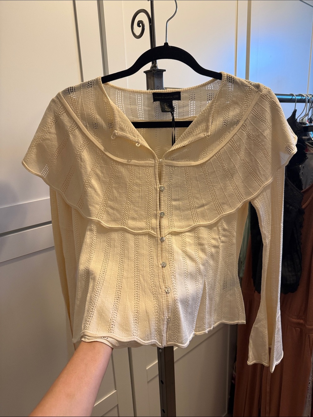 NWT Boutique Crochet Ruffle-Trim Cream Button-Front Top